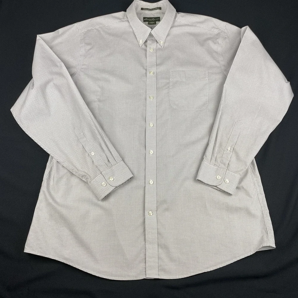 Eddie Bauer Shirt Mens XLT White w/Gray Checks Relaxed Fit Wrinkle Resistant
